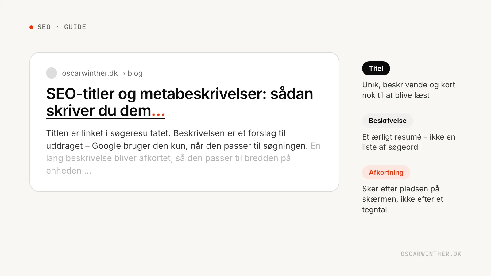 Illustration af et søgeresultat med en titel, der afkortes med tre prikker, og en beskrivelse, som Google selv vælger at bruge eller ej