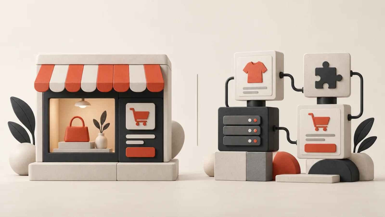 Redaktionel illustration af en samlet webshopplatform over for en modulær webshop med flere separate dele