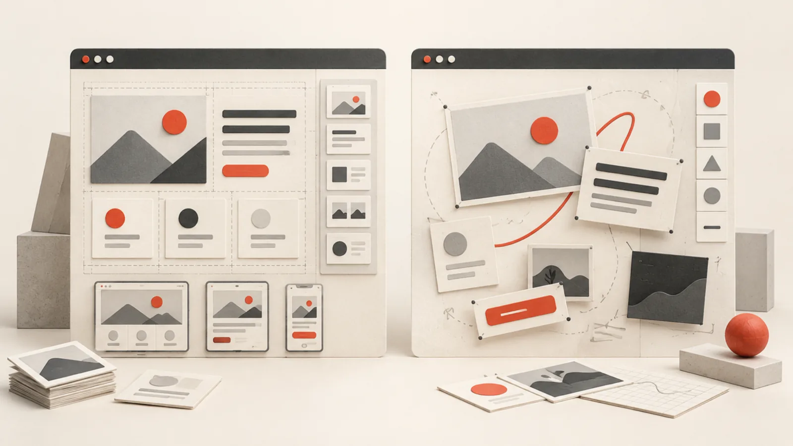 Redaktionel illustration af to forskellige webdesignsystemer: et struktureret CMS-grid og et frit visuelt lærred